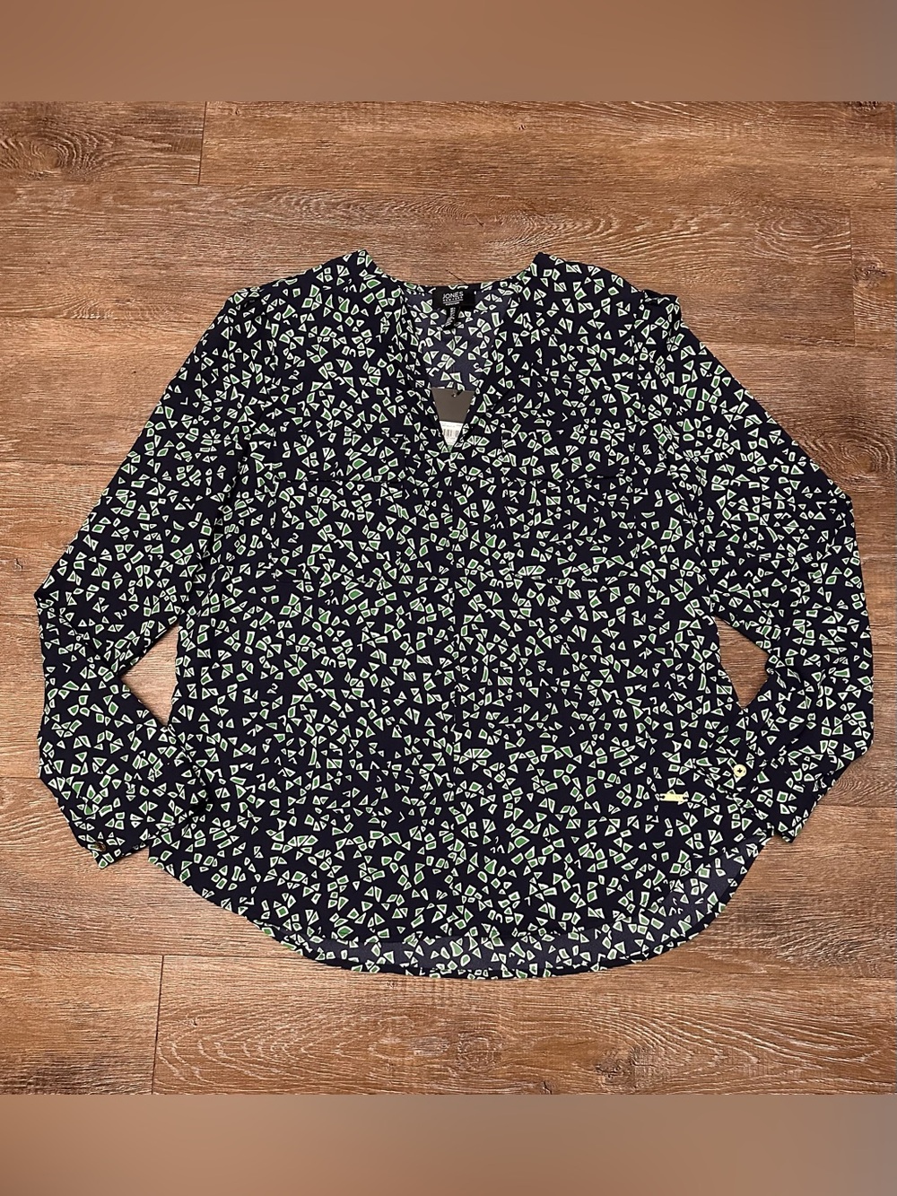 Jones New York Navy Blouse with Light Green Geometric Print